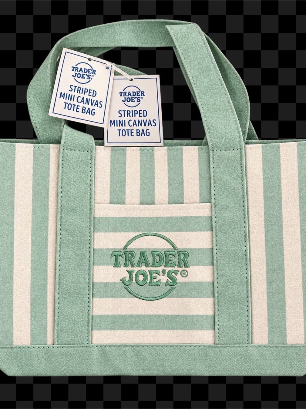 NWT Trader Joe's Mint & White Striped Canvas Tote Bag
